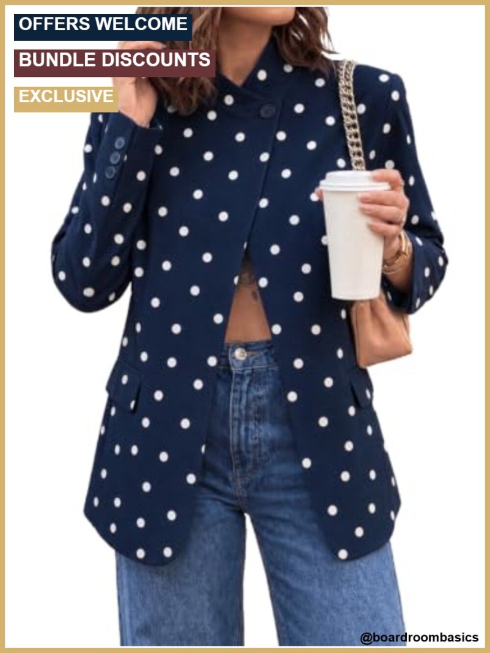 Womens Polka Dot Blazer Stand Collar Single Button Lightweight Business Casual